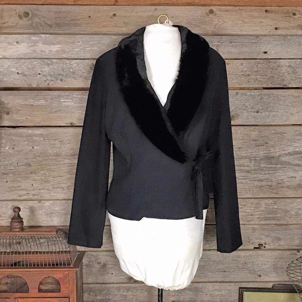 Black Faux Fur Trim Jacket Lennie for Nina Leonard